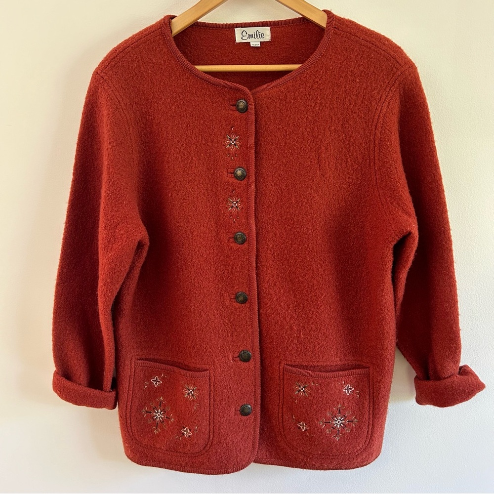 Embroidered 100% Dark Orange Vintage Cardigan Sweater